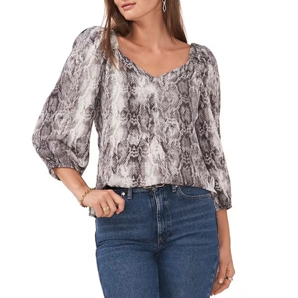 Vince Camuto Snake Skin Print 3/4 Puff Sleeve Elastic Shoulder NWT